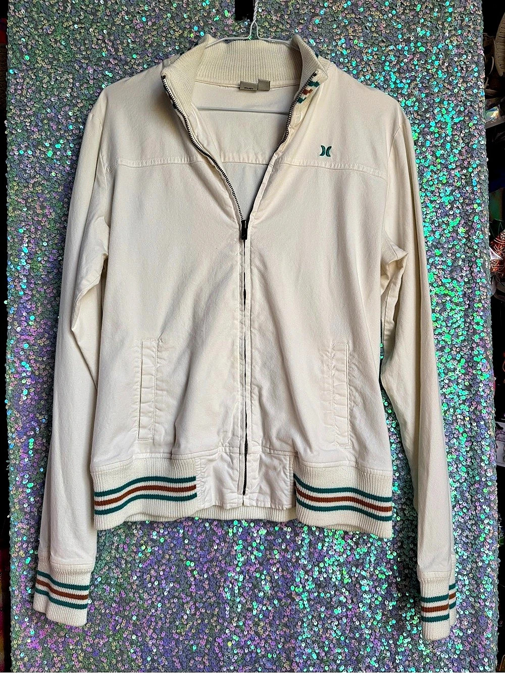 VTG Hurley White Varsity Jacket with Teal Blue & Rust Orange Stripes on Trim